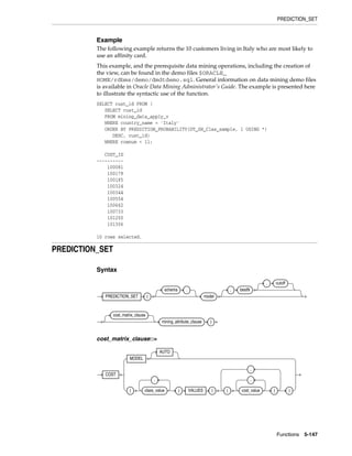 PREDICTION_SET
Functions 5-147
Example
The following example returns the 10 customers living in Italy who are most likely to
use an affinity card.
This example, and the prerequisite data mining operations, including the creation of
the view, can be found in the demo files $ORACLE_
HOME/rdbms/demo/dmdtdemo.sql. General information on data mining demo files
is available in Oracle Data Mining Administrator's Guide. The example is presented here
to illustrate the syntactic use of the function.
SELECT cust_id FROM (
SELECT cust_id
FROM mining_data_apply_v
WHERE country_name = 'Italy'
ORDER BY PREDICTION_PROBABILITY(DT_SH_Clas_sample, 1 USING *)
DESC, cust_id)
WHERE rownum < 11;
CUST_ID
----------
100081
100179
100185
100324
100344
100554
100662
100733
101250
101306
10 rows selected.
PREDICTION_SET
Syntax
cost_matrix_clause::=
PREDICTION_SET (
schema .
model
, bestN
, cutoff
cost_matrix_clause
mining_attribute_clause )
COST
MODEL
AUTO
( class_value
,
) VALUES ( ( cost_value
,
)
,
)
 