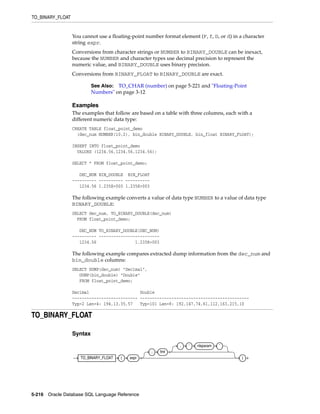 TO_BINARY_FLOAT
5-216 Oracle Database SQL Language Reference
You cannot use a floating-point number format element (F, f, D, or d) in a character
string expr.
Conversions from character strings or NUMBER to BINARY_DOUBLE can be inexact,
because the NUMBER and character types use decimal precision to represent the
numeric value, and BINARY_DOUBLE uses binary precision.
Conversions from BINARY_FLOAT to BINARY_DOUBLE are exact.
Examples
The examples that follow are based on a table with three columns, each with a
different numeric data type:
CREATE TABLE float_point_demo
(dec_num NUMBER(10,2), bin_double BINARY_DOUBLE, bin_float BINARY_FLOAT);
INSERT INTO float_point_demo
VALUES (1234.56,1234.56,1234.56);
SELECT * FROM float_point_demo;
DEC_NUM BIN_DOUBLE BIN_FLOAT
---------- ---------- ----------
1234.56 1.235E+003 1.235E+003
The following example converts a value of data type NUMBER to a value of data type
BINARY_DOUBLE:
SELECT dec_num, TO_BINARY_DOUBLE(dec_num)
FROM float_point_demo;
DEC_NUM TO_BINARY_DOUBLE(DEC_NUM)
---------- -------------------------
1234.56 1.235E+003
The following example compares extracted dump information from the dec_num and
bin_double columns:
SELECT DUMP(dec_num) "Decimal",
DUMP(bin_double) "Double"
FROM float_point_demo;
Decimal Double
--------------------------- ---------------------------------------------
Typ=2 Len=4: 194,13,35,57 Typ=101 Len=8: 192,147,74,61,112,163,215,10
TO_BINARY_FLOAT
Syntax
See Also: TO_CHAR (number) on page 5-221 and "Floating-Point
Numbers" on page 3-12
TO_BINARY_FLOAT ( expr
, fmt
, ’ nlsparam ’
)
 