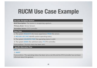 RUCM Use Case Example
22
Use Case: Recognize Gesture
Brief Description: The System is recognizing a gesture
Primary Actor: Device Sensors
Secondary Actors: STO Controller
Basic Flow
1. The system REQUESTS the move capacitance FROM the sensor.
2. INCLUDE USE CASE Identify system operating status.
3. The system VALIDATES THAT the operating status is valid.
4. The system SENDS the valid kick status TO STO controller.
Postcondition: The kick status has been sent.
Specific Alternative Flow
RFS 3
1. ABORT
Postcondition: The operating status has been set as not OK and the STO Controller has not been
informed about the gesture.
 