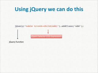 Using jQuery we can do this

     jQuery(‘table tr:nth-child(odd)’).addClass(‘odd’);



                 jQuery Selector (CSS Expression)

jQuery func)on
 