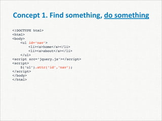 Concept 1. Find something, do something
<!DOCTYPE html>
<html>
<body>
    <ul id=‘nav’>
    
   <li><a>home</a></li>
    
   <li><a>about</a></li>
    </ul>
<script src=‘jquery.js’></script>
<script>

   $(‘ul’).attr(‘id’,‘nav’);
</script>
</body>
</html>
 