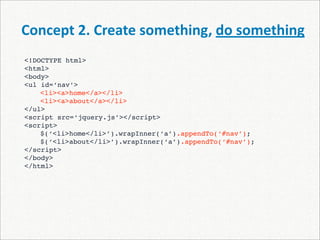 Concept 2. Create something, do something
<!DOCTYPE html>
<html>
<body>
<ul id=‘nav’>

   <li><a>home</a></li>

   <li><a>about</a></li>
</ul>
<script src=‘jquery.js’></script>
<script>

   $(‘<li>home</li>’).wrapInner(‘a’).appendTo(‘#nav’);

   $(‘<li>about</li>’).wrapInner(‘a’).appendTo(‘#nav’);
</script>
</body>
</html>
 