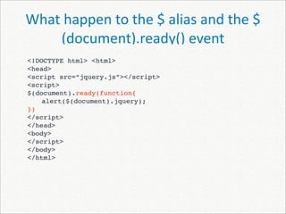 What happen to the $ alias and the $
    (document).ready() event
<!DOCTYPE html> <html>
<head>
<script src=“jquery.js”></script>
<script>
$(document).ready(function{

   alert($(document).jquery);
})
</script>
</head>
<body>
</script>
</body>
</html>
 