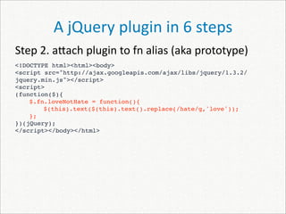 A jQuery plugin in 6 steps
Step 2. a]ach plugin to fn alias (aka prototype)
<!DOCTYPE html><html><body>
<script src="http://ajax.googleapis.com/ajax/libs/jquery/1.3.2/
jquery.min.js"></script>
<script>
(function($){
    $.fn.loveNotHate = function(){
    
   $(this).text($(this).text().replace(/hate/g,'love'));
    };
})(jQuery);
</script></body></html>
 