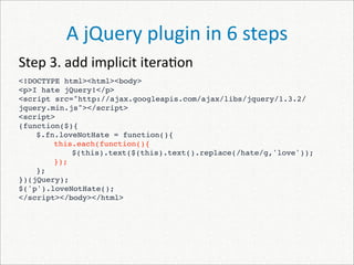 A jQuery plugin in 6 steps
Step 3. add implicit itera)on
<!DOCTYPE html><html><body>
<p>I hate jQuery!</p>
<script src="http://ajax.googleapis.com/ajax/libs/jquery/1.3.2/
jquery.min.js"></script>
<script>
(function($){
    $.fn.loveNotHate = function(){
        this.each(function(){
 
   
            $(this).text($(this).text().replace(/hate/g,'love'));
        });
    };
})(jQuery);
$('p').loveNotHate();
</script></body></html>
 