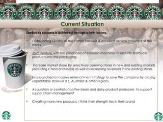 Current Situation
Starbucks success is achieved through a few factors.
 Outstanding Quality of the coffee brewed & excellent service provided at the
stores
 Joint venture with the producers of espresso machines to include Starbucks
products into the packaging.
 Increase market share by selectively opening stores in new and existing markets
(including China and India) as well as increasing revenues in the existing stores.
 Has launched a massive retrenchment strategy to save the company by closing
unprofitable stores in U.S, Australia & other regions.
 Acquisition or control of coffee bean and dairy product producers to support
supply chain management
 Creating more new products, I think their strength lies in their brand
44
 