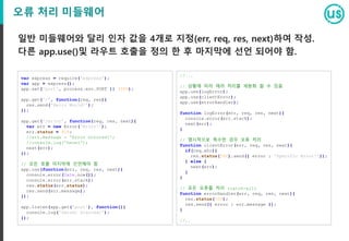 오류 처리 미들웨어
일반 미들웨어와 달리 인자 값을 4개로 지정(err, req, res, next)하여 작성.
다른 app.use()및 라우트 호출을 정의 한 후 마지막에 선언 되어야 함.
//...
// 상황에 따라 에러 처리를 세분화 할 수 있음
app.use(logError);
app.use(clientError);
app.use(errorHandler);
function logError(err, req, res, next){
console.error(err.stack);
next(err);
}
// 명시적으로 특수한 경우 오류 처리
function clientError(err, req, res, next){
if(req.xhr){
res.status(500).send({ error : 'Specific Error!'});
} else {
next(err);
}
}
// 모든 오류를 처리 (catch-all)
function errorHandler(err, req, res, next){
res.status(500);
res.send({ error : err.message });
}
//..
var express = require('express');
var app = express();
app.set('port', process.env.PORT || 3000);
app.get('/', function(req, res){
res.send('Hello World!');
});
app.get('/error', function(req, res, next){
var err = new Error('Error!');
err.status = 404;
//err.message = 'Error Occured!';
//console.log('here1');
next(err);
});
// 모든 호출 마지막에 선언해야 함
app.use(function(err, req, res, next){
console.error(Date.now());
console.error(err.stack);
res.status(err.status);
res.send(err.message);
});
app.listen(app.get('port'), function(){
console.log('Server Started!');
});
 