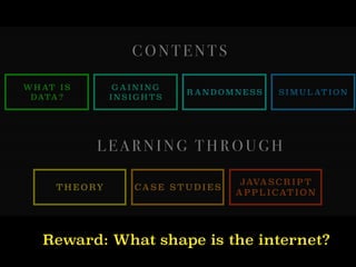 C O N T E N T S
T H E O RY CA S E S T U D I E S
JAVA S C R I P T
A P P L I CAT I O N
W H AT I S
DATA ?
G A I N I N G
I N S I G H T S
R A N D O M N E S S S I M U L AT I O N
L E A R N I N G T H R O U G H
Reward: What shape is the internet?
 