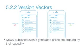 5.2.2 Version Vectors
• Newly published events generated ofﬂine are ordered by
their causality.
 