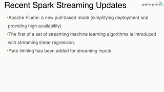 Recent Spark Streaming Updates
•Apache Flume: a new pull-based mode (simplifying deployment and
providing high availability)!
•The first of a set of streaming machine learning algorithms is introduced
with streaming linear regression.!
•Rate limiting has been added for streaming inputs
 