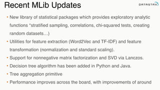 Recent MLib Updates
• New library of statistical packages which provides exploratory analytic
functions *stratified sampling, correlations, chi-squared tests, creating
random datasets…)!
• Utilities for feature extraction (Word2Vec and TF-IDF) and feature
transformation (normalization and standard scaling). !
• Support for nonnegative matrix factorization and SVD via Lanczos. !
• Decision tree algorithm has been added in Python and Java. !
• Tree aggregation primitive!
• Performance improves across the board, with improvements of around
 