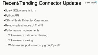 Recent/Pending Connector Updates
•Spark SQL (came in 1.1)!
•Python API!
•Official Scala Driver for Cassandra!
•Removing last traces of Thrift!!!
•Performance Improvements!
• Token-aware data repartitioning!
• Token-aware saving!
• Wide-row support - no costly groupBy call
 