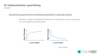 III. Improvements: quantizing
Quantizing: quantize the smoothed bandwidth to a discrete bitrate
Additive increase multiplicative decrease  conservative when switching
up, more aggressive when down.
Source: FESTIVE
 