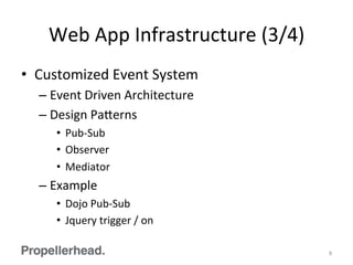 Web	
  App	
  Infrastructure	
  (3/4)	
  
•  Customized	
  Event	
  System	
  
– Event	
  Driven	
  Architecture	
  
– Design	
  Pa[erns	
  
•  Pub-­‐Sub	
  
•  Observer	
  
•  Mediator	
  
– Example	
  
•  Dojo	
  Pub-­‐Sub	
  
•  Jquery	
  trigger	
  /	
  on	
  
8	
  
 