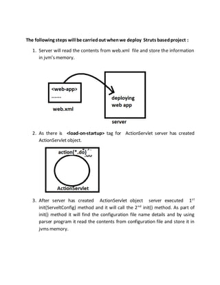 The following steps will be carriedout whenwe deploy Struts basedproject :
1. Server will read the contents from web.xml file and store the information
in jvm’s memory.
2. As there is <load-on-startup> tag for ActionServlet server has created
ActionServlet object.
3. After server has created ActionServlet object server executed 1st
init(ServeltConfig) method and it will call the 2nd
init() method. As part of
init() method it will find the configuration file name details and by using
parser program it read the contents from configuration file and store it in
jvms memory.
 