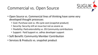 Commercial vs. Open Source
• Open Source vs. Commercial lines of thinking have some very
developed thought processes
• Cost: Purchase cost vs. life cycle cost (snapshot product)
• Security: Security still an issue but not as severe as
• Flexibility: Paid extensibility vs. OS Community contributions
• Support: Paid Support vs. adhoc developer support
• Soft Benefit: Community Member Contribution
• Services & Products vs. snapshot product
 