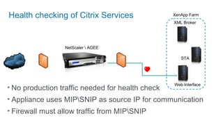 Health checking of Citrix Services XenApp Farm
XML Broker
STA
Web Interface
NetScaler  AGEE
• No production traffic needed for health check
• Appliance uses MIPSNIP as source IP for communication
• Firewall must allow traffic from MIPSNIP
 