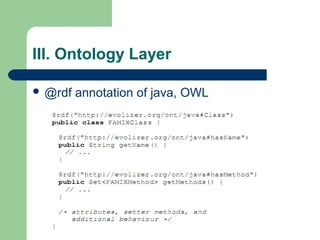 III. Ontology Layer
 @rdf

annotation of java, OWL

 