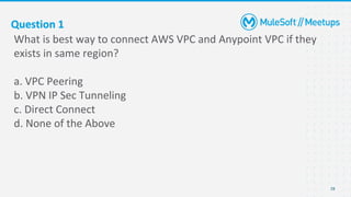 Question 1
What is best way to connect AWS VPC and Anypoint VPC if they
exists in same region?
a. VPC Peering
b. VPN IP Sec Tunneling
c. Direct Connect
d. None of the Above
28
 