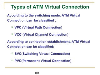 DIT
Types of ATM Virtual Connection
According to the switching mode, ATM Virtual
Connection can be classified :
 VPC (Virtual Path Connection)
 VCC (Virtual Channel Connection)
According to connection establishment, ATM Virtual
Connection can be classified:
 SVC(Switching Virtual Connection)
 PVC(Permanent Virtual Connection)
 
