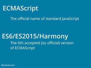 @weaverryan
ECMAScript
The oﬃcial name of standard JavaScript
ES6/ES2015/Harmony
The 6th accepted (so oﬃcial) version
of ECMAScript
 