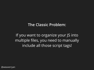 The Classic Problem:
If you want to organize your JS into
multiple ﬁles, you need to manually
include all those script tags!
@weaverryan
 