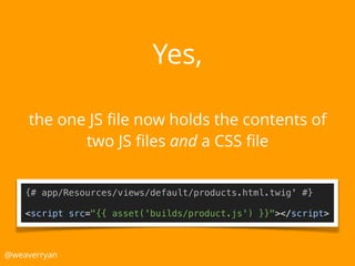 Yes,
@weaverryan
the one JS ﬁle now holds the contents of
two JS ﬁles and a CSS ﬁle
{# app/Resources/views/default/products.html.twig' #}
<script src="{{ asset('builds/product.js') }}"></script>
 