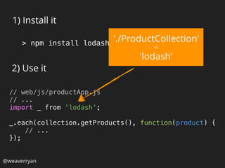 1) Install it
> npm install lodash --save-dev
2) Use it
// web/js/productApp.js 
// ... 
import _ from 'lodash'; 
 
_.each(collection.getProducts(), function(product) { 
// ... 
});
@weaverryan
'./ProductCollection'
vs
'lodash'
 