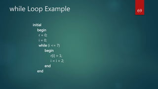 while Loop Example
initial
begin
r = 0;
i = 0;
while (i <= 7)
begin
r[i] = 1;
i = i + 2;
end
end
69
 