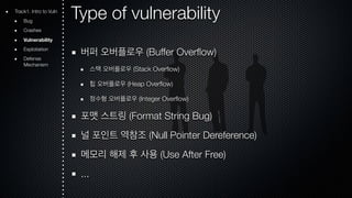 Type of vulnerability 
버퍼 오버플로우 (Buffer Overflow) 
스택 오버플로우 (Stack Overflow) 
힙 오버플로우 (Heap Overflow) 
정수형 오버플로우 (Integer Overflow) 
포맷 스트링 (Format String Bug) 
널 포인트 역참조 (Null Pointer Dereference) 
메모리 해제 후 사용 (Use After Free) 
... 
Track1. Intro to Vuln 
Bug 
Crashes 
Vulnerability 
Exploitation 
Defense 
Mechanism 
 
