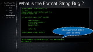 Track2. Type of Vuln What is the Format String Bug ? 
Buffer Overflow 
Stack 
Heap 
Integer 
Format String 
Use After Free 
when user input data is 
used as string 
 