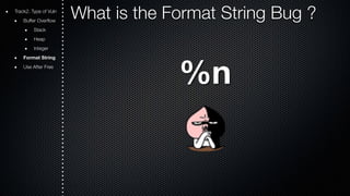 Track2. Type of Vuln What is the Format String Bug ? 
Buffer Overflow 
Stack 
Heap 
Integer 
Format String 
Use After Free %n 
 