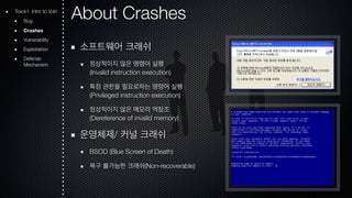 About Crashes 
소프트웨어 크래쉬 
정상적이지 않은 명령어 실행 
(Invalid instruction execution) 
특정 권한을 필요로하는 명렁어 실행 
(Privileged instruction execution) 
정상적이지 않은 메모리 역참조 
(Dereference of invalid memory) 
운영체제/ 커널 크래쉬 
BSOD (Blue Screen of Death) 
복구 불가능한 크래쉬(Non-recoverable) 
Track1. Intro to Vuln 
Bug 
Crashes 
Vulnerability 
Exploitation 
Defense 
Mechanism 
 