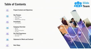 Table of Contents
Project Context and Objectives
01
Our Process
› Plan of Action
› Scope of Services
› Time Frame
› Additional Service Offerings
02
Investment
› Your Investment
03
Company Overview
› Why Us
› About Us
› Awards and Recognition
› Our Team
04
Our Past Experience
› Client Testimonials
› Case Study
05
Statement of Work and Contract
06
Next Steps
07
3
 