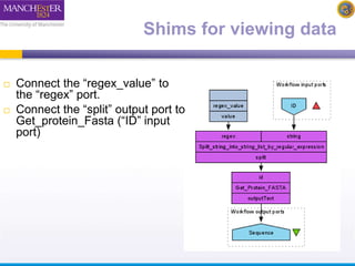 Shims for viewing data 
 Connect the “regex_value” to 
the “regex” port. 
 Connect the “split” output port to 
Get_protein_Fasta (“ID” input 
port) 
 