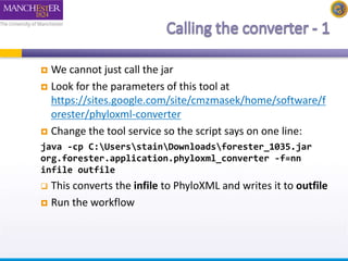 We cannot just call the jar 
 Look for the parameters of this tool at 
https://sites.google.com/site/cmzmasek/home/software/f 
orester/phyloxml-converter 
 Change the tool service so the script says on one line: 
java -cp C:UsersstainDownloadsforester_1035.jar 
org.forester.application.phyloxml_converter -f=nn 
infile outfile 
 This converts the infile to PhyloXML and writes it to outfile 
 Run the workflow 
 