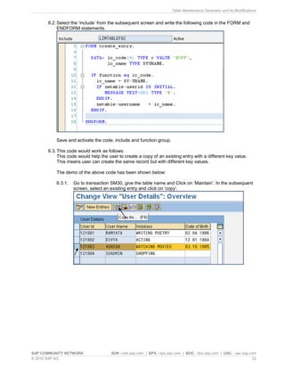 Table Maintenance Generator and its Modifications
SAP COMMUNITY NETWORK SDN - sdn.sap.com | BPX - bpx.sap.com | BOC - boc.sap.com | UAC - uac.sap.com
© 2010 SAP AG 22
6.2.Select the ‘include’ from the subsequent screen and write the following code in the FORM and
ENDFORM statements.
Save and activate the code, include and function group.
6.3.This code would work as follows:
This code would help the user to create a copy of an existing entry with a different key value.
This means user can create the same record but with different key values.
The demo of the above code has been shown below:
6.3.1. Go to transaction SM30, give the table name and Click on ‘Maintain’. In the subsequent
screen, select an existing entry and click on ‘copy’.
 