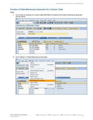 Table Maintenance Generator and its Modifications
SAP COMMUNITY NETWORK SDN - sdn.sap.com | BPX - bpx.sap.com | BOC - boc.sap.com | UAC - uac.sap.com
© 2010 SAP AG 4
Creation of Table Maintenance Generator for a Custom Table
Steps:
1. Let us take an example of a custom table ZMTABLE to implement the table maintenance generator
and its events.
2. Go to Utilities  Table Maintenance Generator.
 