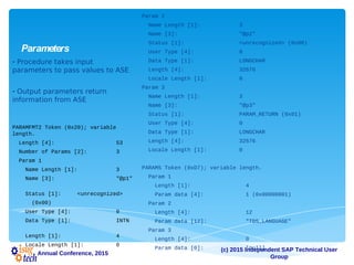 (c) 2015 Independent SAP Technical User
Group
Annual Conference, 2015
Parameters
Param 2
Name Length [1]: 3
Name [3]: "@p2"
Status [1]: <unrecognized> (0x00)
User Type [4]: 0
Data Type [1]: LONGCHAR
Length [4]: 32676
Locale Length [1]: 0
Param 3
Name Length [1]: 3
Name [3]: "@p3"
Status [1]: PARAM_RETURN (0x01)
User Type [4]: 0
Data Type [1]: LONGCHAR
Length [4]: 32676
Locale Length [1]: 0
PARAMS Token (0xD7); variable length.
Param 1
Length [1]: 4
Param data [4]: 1 (0x00000001)
Param 2
Length [4]: 12
Param data [12]: "TDS_LANGUAGE"
Param 3
Length [4]: 0
Param data [0]: [null]
- Procedure takes input
parameters to pass values to ASE
- Output parameters return
information from ASE
PARAMFMT2 Token (0x20); variable
length.
Length [4]: 53
Number of Params [2]: 3
Param 1
Name Length [1]: 3
Name [3]: "@p1"
Status [1]: <unrecognized>
(0x00)
User Type [4]: 0
Data Type [1]: INTN
Length [1]: 4
Locale Length [1]: 0
 