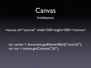 Canvas
                    Initialization


<canvas id=”tutorial” width=500 height=500></canvas>



  var canvas = document.getElementById(“tutorial”);
  var ctx = canvas.getContext(“2d”);
 