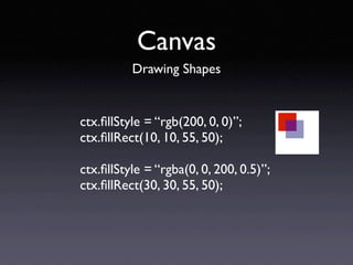 Canvas
          Drawing Shapes


ctx.ﬁllStyle = “rgb(200, 0, 0)”;
ctx.ﬁllRect(10, 10, 55, 50);

ctx.ﬁllStyle = “rgba(0, 0, 200, 0.5)”;
ctx.ﬁllRect(30, 30, 55, 50);
 