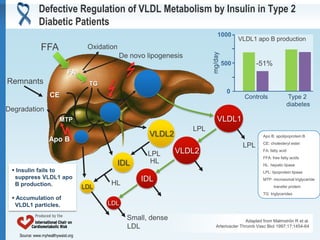 Defective Regulation of VLDL Metabolism by Insulin in Type 2
              Diabetic Patients
                                                                                  1000
                                                                                             VLDL1 apo B production
               FFA                    Oxidation




                                                                              mg/day
                                                  De novo lipogenesis
                                                                                       500          -51%
                              FA
Remnants                               TG
                                                                                        0
                    CE                                                                         Controls             Type 2
                                                                                                                    diabetes
Degradation
                          MTP                                                    VLDL1
                                                                        LPL
                                                           VLDL2                                       Apo B: apolipoprotein B
                    Apo B                                                                              CE: cholesteryl ester
                                                                                              LPL
                                                          LPL      VLDL2                               FA: fatty acid
                                                                                                       FFA: free fatty acids
                                              IDL          HL                                          HL: hepatic lipase
  Insulin fails to                                                                                    LPL: lipoprotein lipase
  suppress VLDL1 apo                                    IDL                                            MTP: microsomal triglyceride
  B production.                      LDL
                                             HL                                                              transfer protein
                                                                                                       TG: triglycerides
  Accumulation of
  VLDL1 particles.                          LDL

                                                    Small, dense                                Adapted from Malmströn R et al.
                                                    LDL                         Arterioscler Thromb Vasc Biol 1997;17:1454-64

    Source: www.myhealthywaist.org
 