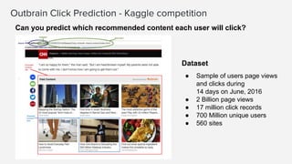 Dataset
● Sample of users page views
and clicks during
14 days on June, 2016
● 2 Billion page views
● 17 million click records
● 700 Million unique users
● 560 sites
Can you predict which recommended content each user will click?
 