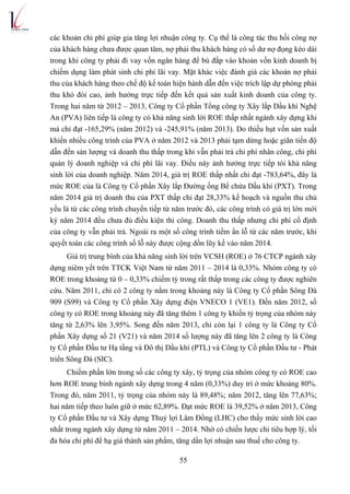 55
các khoản chi phí giúp gia tăng lợi nhuận công ty. Cụ thể là công tác thu hồi công nợ
của khách hàng chưa được quan tâm, nợ phải thu khách hàng có số dư nợ đọng kéo dài
trong khi công ty phải đi vay vốn ngân hàng để bù đắp vào khoản vốn kinh doanh bị
chiếm dụng làm phát sinh chi phí lãi vay. Mặt khác việc đánh giá các khoản nợ phải
thu của khách hàng theo chế độ kế toán hiện hành dẫn đến việc trích lập dự phòng phải
thu khó đòi cao, ảnh hưởng trực tiếp đến kết quả sản xuất kinh doanh của công ty.
Trong hai năm từ 2012 – 2013, Công ty Cổ phần Tổng công ty Xây lắp Dầu khí Nghệ
An (PVA) liên tiếp là công ty có khả năng sinh lời ROE thấp nhất ngành xây dựng khi
mà chỉ đạt -165,29% (năm 2012) và -245,91% (năm 2013). Do thiếu hụt vốn sản xuất
khiến nhiều công trình của PVA ở năm 2012 và 2013 phải tạm dừng hoặc giãn tiến độ
dẫn đến sản lượng và doanh thu thấp trong khi vẫn phải trả chi phí nhân công, chi phí
quản lý doanh nghiệp và chi phí lãi vay. Điều này ảnh hưởng trực tiếp tói khả năng
sinh lời của doanh nghiệp. Năm 2014, giá trị ROE thấp nhất chỉ đạt -783,64%, đây là
mức ROE của là Công ty Cổ phần Xây lắp Đường ống Bể chứa Dầu khí (PXT). Trong
năm 2014 giá trị doanh thu của PXT thấp chỉ đạt 28,33% kế hoạch và nguồn thu chủ
yếu là từ các công trình chuyển tiếp từ năm trước đó, các công trình có giá trị lớn mới
ký năm 2014 đều chưa đủ điều kiện thi công. Doanh thu thấp nhưng chi phí cố định
của công ty vẫn phải trả. Ngoài ra một số công trình tiềm ẩn lỗ từ các năm trước, khi
quyết toán các công trình số lỗ này được cộng dồn lũy kế vào năm 2014.
Giá trị trung bình của khả năng sinh lời trên VCSH (ROE) ở 76 CTCP ngành xây
dựng niêm yết trên TTCK Việt Nam từ năm 2011 – 2014 là 0,33%. Nhóm công ty có
ROE trong khoảng từ 0 – 0,33% chiếm tỷ trong rất thấp trong các công ty được nghiên
cứu. Năm 2011, chỉ có 2 công ty nằm trong khoảng này là Công ty Cổ phần Sông Đà
909 (S99) và Công ty Cổ phần Xây dựng điện VNECO 1 (VE1). Đến năm 2012, số
công ty có ROE trong khoảng này đã tăng thêm 1 công ty khiến tỷ trọng của nhóm này
tăng từ 2,63% lên 3,95%. Song đến năm 2013, chỉ còn lại 1 công ty là Công ty Cổ
phần Xây dựng số 21 (V21) và năm 2014 số lượng này đã tăng lên 2 công ty là Công
ty Cổ phần Đầu tư Hạ tầng và Đô thị Dầu khí (PTL) và Công ty Cổ phần Đầu tư - Phát
triển Sông Đà (SIC).
Chiếm phần lớn trong số các công ty xây, tỷ trọng của nhóm công ty có ROE cao
hơn ROE trung bình ngành xây dựng trong 4 năm (0,33%) duy trì ở mức khoảng 80%.
Trong đó, năm 2011, tỷ trọng của nhóm này là 89,48%; năm 2012, tăng lên 77,63%;
hai năm tiếp theo luôn giữ ở mức 62,89%. Đạt mức ROE là 39,52% ở năm 2013, Công
ty Cổ phần Đầu tư và Xây dựng Thuỷ lợi Lâm Đồng (LHC) cho thấy mức sinh lời cao
nhất trong ngành xây dựng từ năm 2011 – 2014. Nhờ có chiến lược chi tiêu hợp lý, tối
đa hóa chi phí để hạ giá thành sản phẩm, tăng dần lợi nhuận sau thuế cho công ty.
 