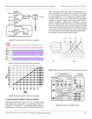IJRET: International Journal of Research in Engineering and Technology eISSN: 2319-1163 | pISSN: 2321-7308
__________________________________________________________________________________________
Volume: 03 Issue: 05 | May-2014, Available @ http://www.ijret.org 339
Fig. 16 Circuit diagram of Minimum calculation
Fig. 17 Timing waveform for minimum calculation
Fig. 18 simulation results for minimum calculation
7. LOW DENSITY PARITY CHECK CODES
Low-density parity-check codes are a class of linear block
code defined by a sparse M x N parity-check matrix, H
[5],where N > M and M = N − K. Although LDPC codes can
be generalized to non-binary symbols, we consider only binary
codes. The parity-check matrix has a small number of „1‟
entries compared to „0‟ entries, making it sparse. The number
of „1‟s in a parity-check matrix row is called the row-weight,
k, and the number of „1‟s in a column is the column-weight, j.
A regular LDPC code is one in which both row and column
weights are constant, otherwise, the parity check matrix is
irregular. Although a LDPC code is defined by a sparse
matrix, a bipartite graph, also known as a Tanner graph, can
be used to represent the code. A bipartite graph is a graph
whose nodes can be divided into two sets such that each node
is connected to a node in the other set. The two sets of nodes
in a Tanner graph are called check nodes and variable nodes
representing rows and columns respectively[6].
Fig.19 (a)parity check matrix (b) Tanner graph Representation
Fig. 20 Architecture of LDPC decoder
 