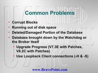 www.BravePoint.com
Common Problems
• Corrupt Blocks
• Running out of disk space
• Deleted/Damaged Portion of the Database
• Database brought down by the Watchdog or
the Broker itself
• Upgrade Progress (V7.3E with Patches,
V8.2C with Patches)
• Use Loopback Client connections (-H & -S)
 