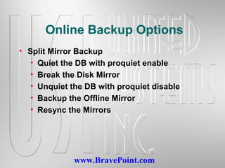 www.BravePoint.com
Online Backup Options
• Split Mirror Backup
• Quiet the DB with proquiet enable
• Break the Disk Mirror
• Unquiet the DB with proquiet disable
• Backup the Offline Mirror
• Resync the Mirrors
 