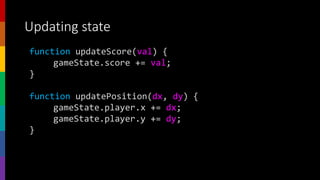 Updating state
function updateScore(val) {
gameState.score += val;
}
function updatePosition(dx, dy) {
gameState.player.x += dx;
gameState.player.y += dy;
}
 