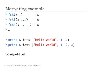 Motivating example
    fst(x,_)      = x
    fst3(x,_,_)   = x
    fst4(x,_,_,_) = x
    …

    print $ fst3 ("hello world", 1, 2)
    print $ fst4 ("hello world", 1, 2, 3)

So repetitive!


    Illustrated Haskell <http://illustratedhaskell.org>
 
