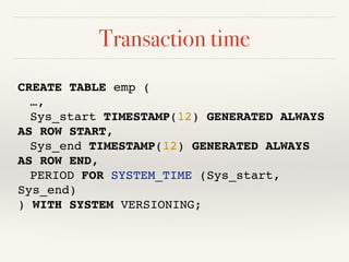 Transaction time
CREATE TABLE emp (
…,
Sys_start TIMESTAMP(12) GENERATED ALWAYS
AS ROW START,
Sys_end TIMESTAMP(12) GENERATED ALWAYS
AS ROW END,
PERIOD FOR SYSTEM_TIME (Sys_start,
Sys_end)
) WITH SYSTEM VERSIONING;
 